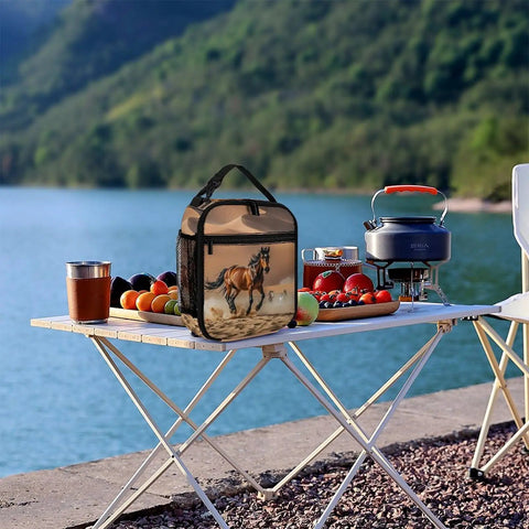 Insulated Lunch Bag With Large Capacity Cooler Tote on picnic table at lake with Horses Running Desert Storm Design