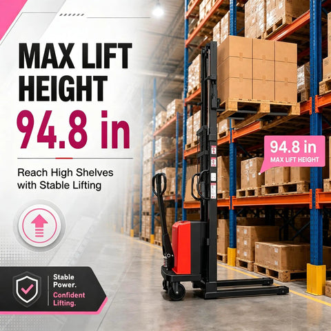 3500 Lbs Warehouse Pallet Stacker Semi-Electric Walkie With 94.8 Inch Lift Height 1.6Kw Motor adjustable forks in warehouse aisle.