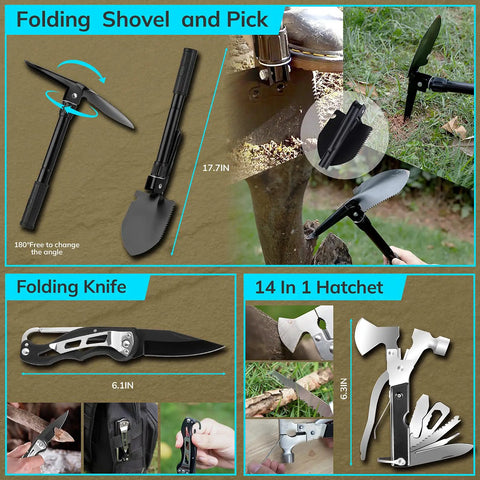 251 Essentials Survival Gear Kit With Crossbody Bag All In One Emergency First Aid And Outdoor Gear For Earthquakes Hiking Camping And Adventure A Prepper Grade Gift For Men And Women This Christmas includes folding shovel, pick, knife, and hatchet.