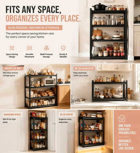 Tough As Nails 4 Tier Metal Kitchen Shelf with Adjustable Microwave Rack in various kitchen settings, showcasing versatility and storage.