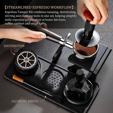 Daily Driver Barista Coffee Accessories Set Featuring Calibrated Spring Tamper Stirring Needle And Distribution Tool For Truly Smooth Espresso Pulls At Home, showing espresso tamper and distributor.