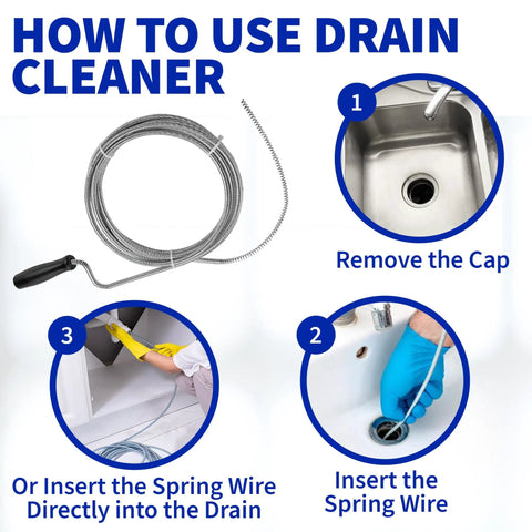 Flexible metal drain snake 10 foot auger clears sink hair clogs fast in step-by-step guide for use.