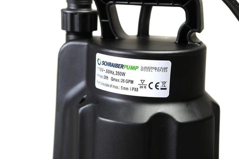 Label detail on Submersible Clean Water Sump Pump 0.5 HP 1560 GPH 28 Ft Head With Thermoplastic Casing Copper Winding Model THP350