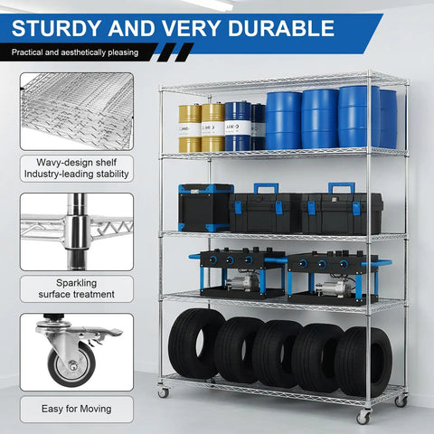 5 Tier Metal Shelving Unit With Wheels And Liners Beefy Heavy Duty Storage Rack loaded with tools and materials in a garage setup