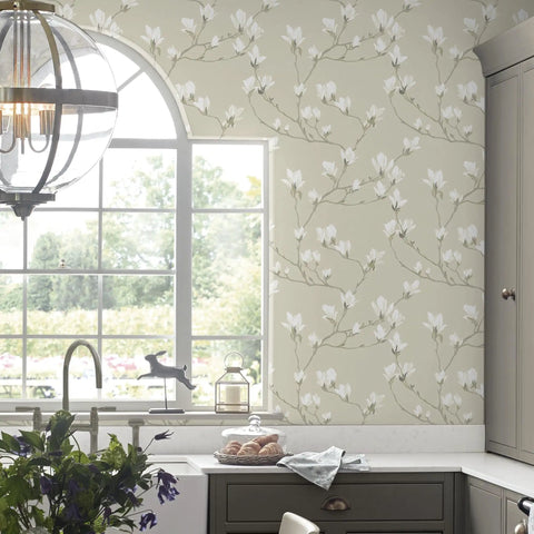 Magnolia Grove Natural Wallpaper With Easy Paste The Wall Application in kitchen setting with arched window and floral design