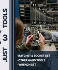 People selecting tools from a ratchet and socket set in a workshop with additional hand tools visible
