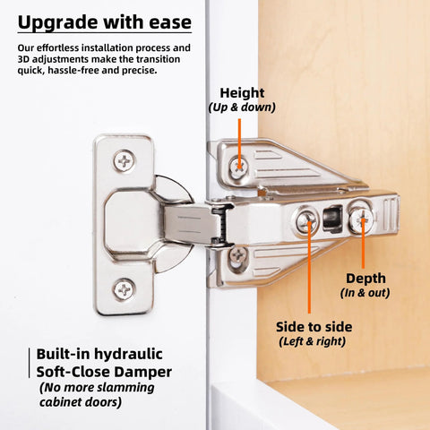 Installed DecoBasics 2-pack full-overlay soft-close cabinet hinges, silver metal, 105° face-frame, clip-on plate