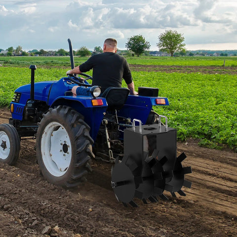 Farmer using 32 Inch Disc Plow Harrow With Two Inch Receiver For Tractor And ATV Heavy Duty Ground Tiller Attachment in field