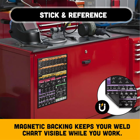 Symbols Magnetic Chart for Welders Quick Reference Weld Symbols, AWS ISO Guides on red toolbox in shop.