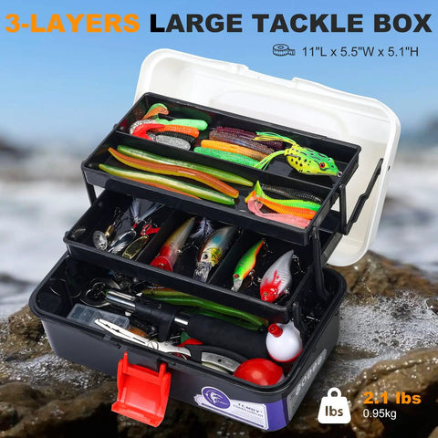 3 Layer Tackle Box With Tackle Included, 321 Pcs Lure Kit Packed With Pliers, Crankbaits, Hooks, Weights And Accessories, open view