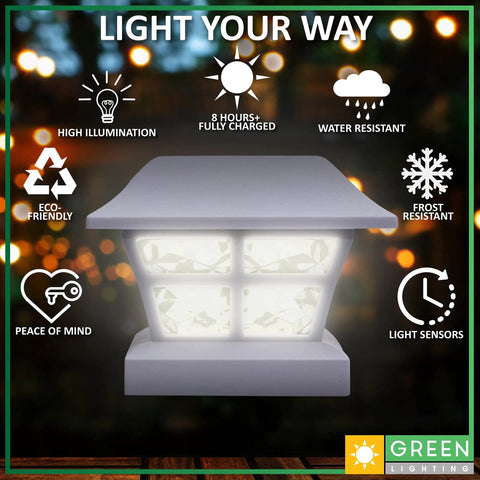 Evolve White Outdoor Post Cap Light showcasing features like high illumination, water resistance, and eco-friendliness in night setting.