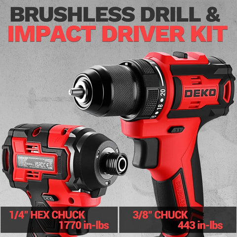 Heavy Duty Workhorse Cordless Drill And Impact Driver Duo With 20V Brushless Motor showing 1/4" and 3/8" chucks with torque ratings.