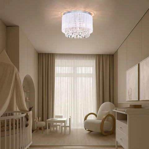 White Cotton Thread Drum Crystal Flush Mount Chandelier 3 Light Ceiling Light Fixture for Bedroom Living Room Foyer Nursery Handmade With Crystal Bead Accents And Cozy Glow Warm Vibe in a modern nursery setting