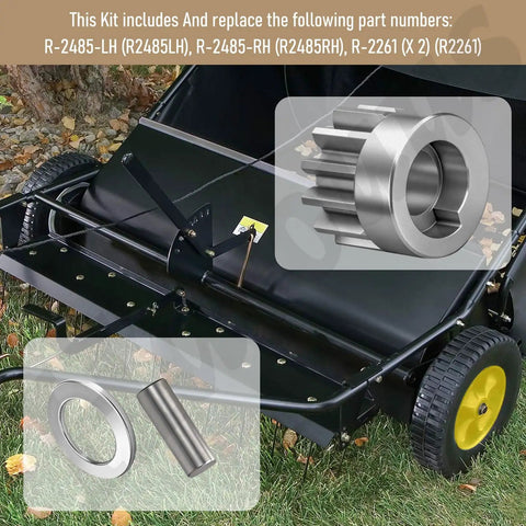 Left And Right Wheel Drive Pinion Kit For 42 Inch Lawn Sweeper with gear pinions and washers shown with parts numbers R-2485-LH, R-2485-RH, R-2261