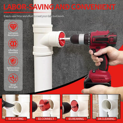 9 Piece PVC Pipe Reamer Kit With Aluminum Head Reamers From One Half Inch To Four Inch Sizes in use with drill on pipe
