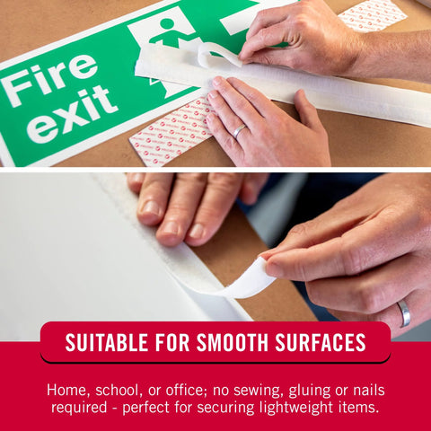 Black Adhesive Hook And Loop Tape Roll Five Feet By Three Quarters Inch Cut To Length Strips being applied to fire exit sign