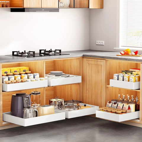Legit Heavy Duty Pull Out Cabinet Organizers Game Changer Slick Full Extension Slides in stylish kitchen with white shelves.
