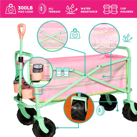 Heavy Duty Folding Beach Wagon Cart With All Terrain Wheels, Big Storage Capacity, Adjustable Handle, Beach Ready