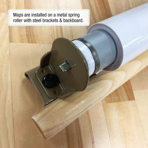 Close-up of metal spring roller and steel bracket for Seven Continents Primary Classroom Kid Friendly Pull Down Map Set.