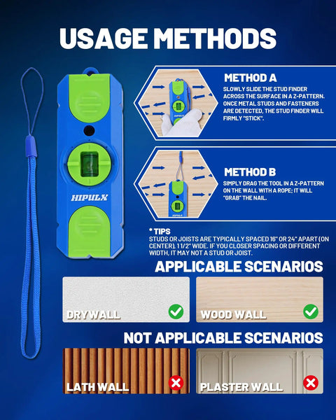 Usage methods for the Straight Up Magnetic Stud Finder And Drywall Scanner With 360 Bubble Level and Heavy Duty Magnet.