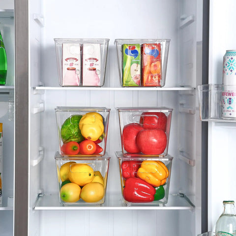 Six Pack Clear Stackable Storage Bins With Secure Lids And Sturdy Handles Medium Size, holding fruits and drinks in refrigerator.