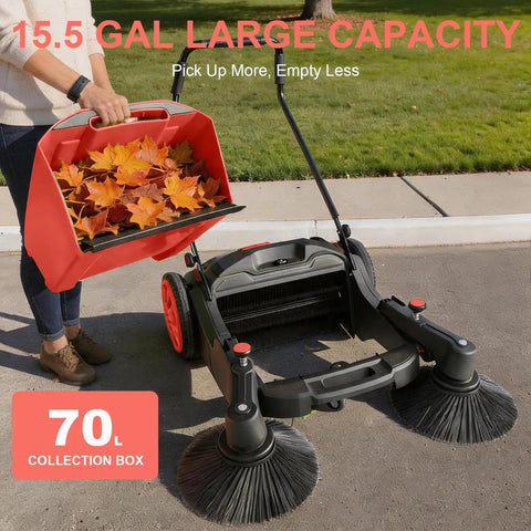 42 Inch Walk Behind Floor Sweeper With 15 Gallon Hopper For Industrial Use, shown collecting leaves in a 15.5-gallon bin.