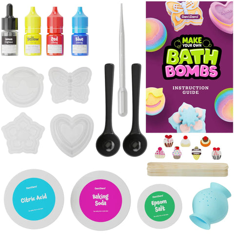 Totally Fun Bath Bomb Making Kit For Kids Turns Bath Time Into A DIY Science Class, Makes 10 Fizzy Bombs With Colorful Molds, Surprises Inside Each Bomb, Easy At Home Spa Project For Creative Play And Mess Free Fun. bath bomb kit with molds, color bottles, spoons, guide, and ingredient jars