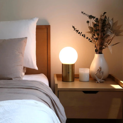 Kai LED Table Lamp With USB Port Tiny Bedside Reading Modern Desk Lamp on nightstand with brass finish globe shade