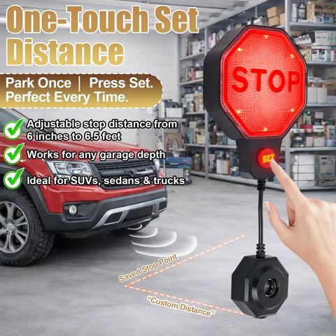 LED Garage Parking Sensor With Real Time Distance Display Green Yellow Red Ultrasonic Car Stop Indicator Adjustable Stop Distance From 6 Inches To 6 Feet Battery Or Power No Drill Wall Mount For Home Garage