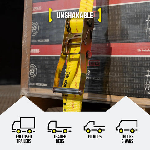 Heavy Duty E Track Ratchet Straps 2 Inch By 12 Foot 4 Pack Yellow Cargo Tie Downs with E Track Fittings securing cargo in truck.