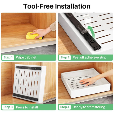 Tool-free installation steps for Legit Heavy Duty Pull Out Cabinet Organizers with slick full extension slides.
