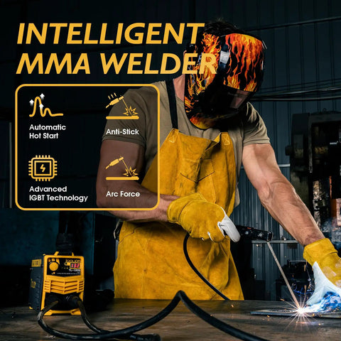 Welding technician using 135 Amp 110V Mini MMA Arc Welder with Digital Display, showcasing features like anti-stick and arc force.