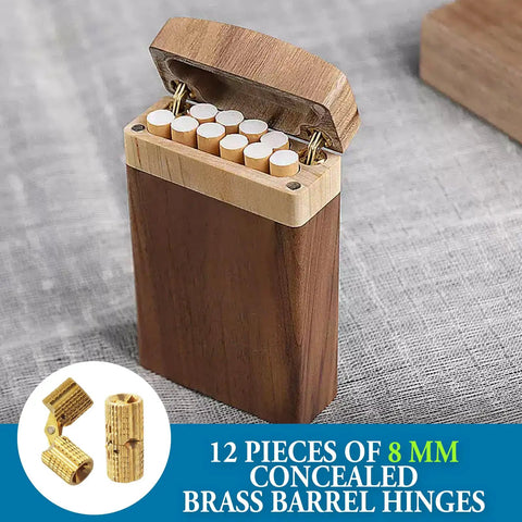 Hidden Brass Barrel Hinges 12 Pack 10mm Concealed Cabinet Hinge Set with box showing hinges