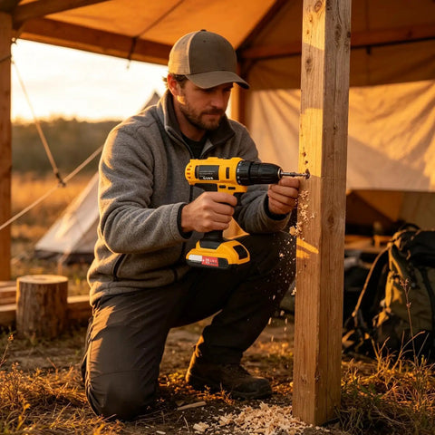 Heavy Duty Cordless Power Drill Packed With Badass High Torque Motor And Snappy Quick Release Chuck For No Sweat Home Woodworking And Knockout DIY Builds Built Like A Tank For Weekend Warriors On The Go, drilling into wood post outdoors.