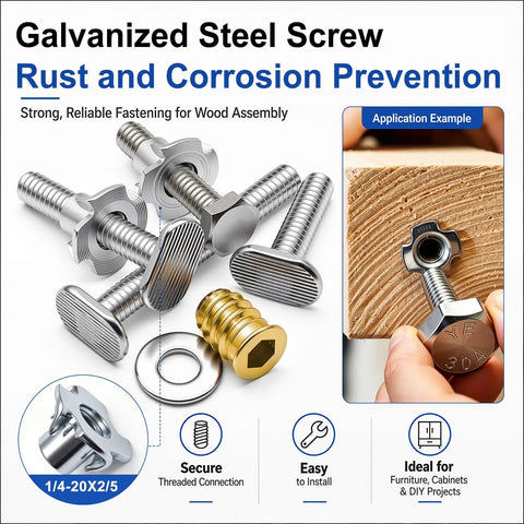 80 Piece T Track Knob And Bolt Kit For Woodworking Jigs And Fixtures With 5/16-18 Knobs T Bolts Star Knobs T Nuts Threaded Inserts Stud Knobs Hex Bolts And Flat Washers, 1/4-20x2/5 galvanized steel screw