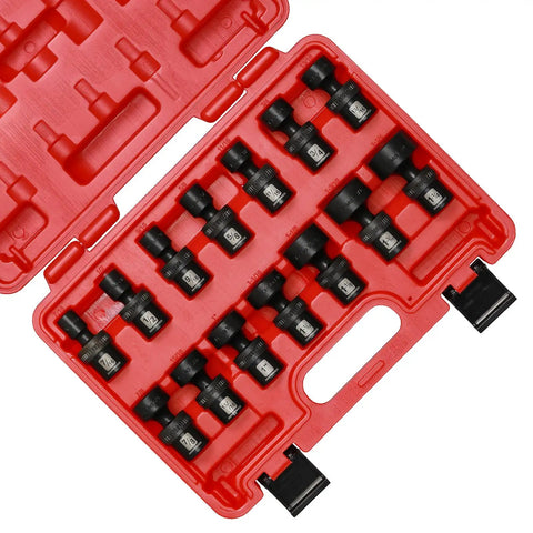 One Half Inch Drive Shallow Impact Universal Joint Swivel Socket Set SAE Seven Sixteenths To One And One Quarter Inch