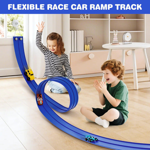 Children playing with Ultra Flexible 16 Ft Roll Up Race Car Ramp Track With Suction Cups in Racing Blue, diecast cars included