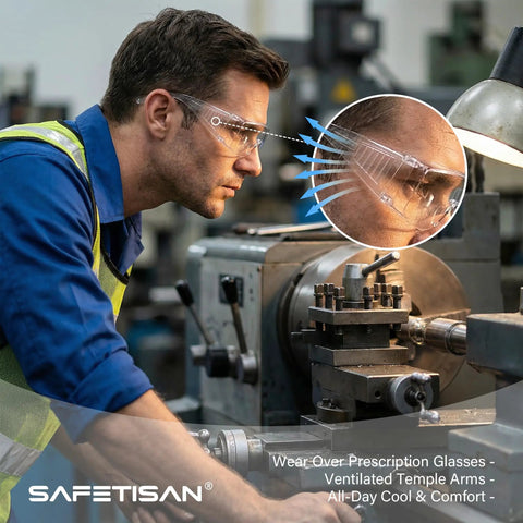 Heavy Duty Safety Glasses Over Glasses 12 Pack Ansi Z87 1 Clear Lens Scratch Proof Goggles worn by a man in a workshop.