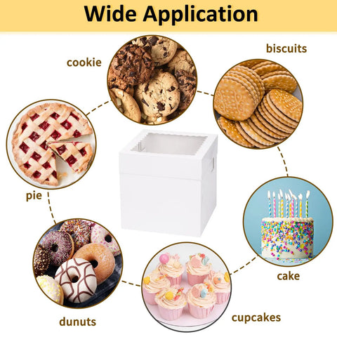 5 Pack 8 Inch Cake Boxes Built Tough With Heavy Duty Cardboard And Big Clear Window Bakery Containers For Grab And Go Treats display of various baked goods.