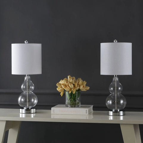 Chrome and Clear Cora Glass Table Lamp Set of 2 With USB Charging Port on a table with white linen shades and LED bulbs included