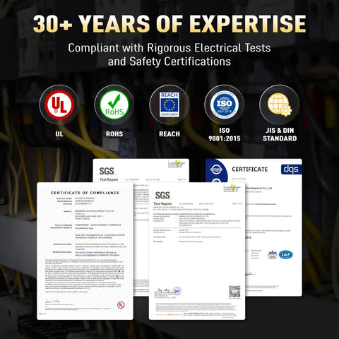 Certification documents for 2000 PCS Wire Ferrule Kit With AWG 22 To 10 Premium Wire End Terminals, showcasing UL, RoHS, ISO standards.