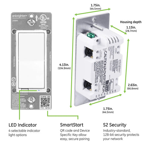 Z Wave Plus Dimmer Switch With QuickFit And SimpleWire Works With Alexa And Google Assistant No Neutral Required Dims From 0 To 100 Percent For LEDs CFLs Incandescent And Halogen Three Way White And Light Almond front and side view showing dimensions and features.