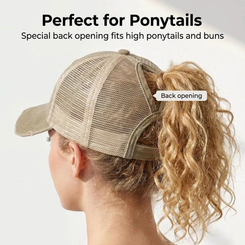 Back view of Womens Ponytail Cap With Dual High And Low Openings For Messy Buns And Thick Hair, light khaki color, mesh design
