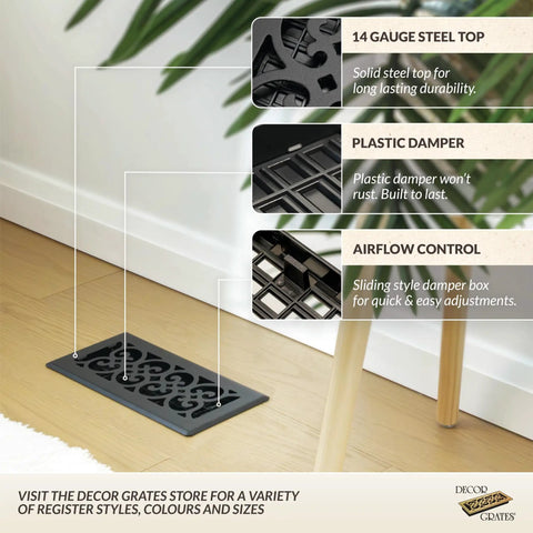Metal Scroll Decorative Air Vent Cover For 4x12 Floor Register With Adjustable Control Lever And Easy Install For Home AC Vents Textured Black Fits 4x12 Opening