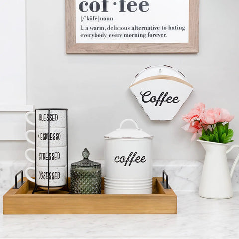 Enamelware Coffee Filter Holder Wall Mount Cone Shaped White Vintage Farmhouse Style Filter Storage Container With Distressed White Finish
