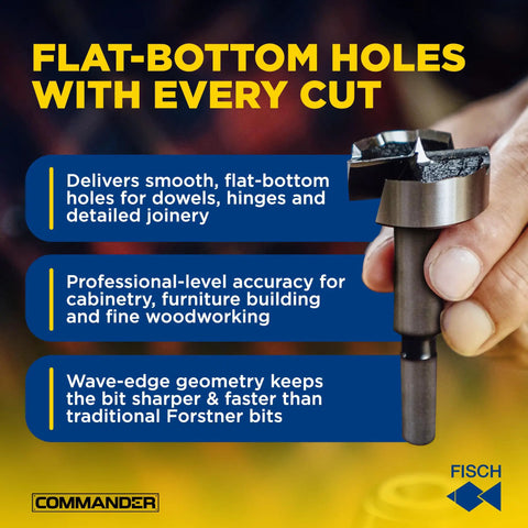 Wave Cutter Forstner Bit held in hand, highlighting flat-bottom hole cutting features for woodworking
