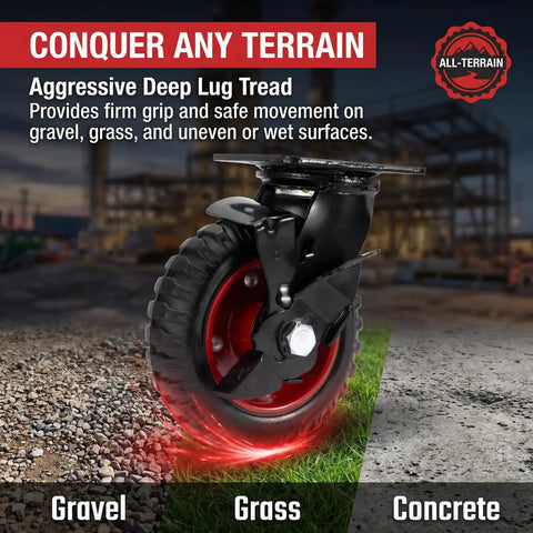 8 Inch Built Tough Heavy Duty Rubber Casters Set Of Four With Swivel Brakes And Knobby Tread For Outdoor Carts on gravel, grass, and concrete.