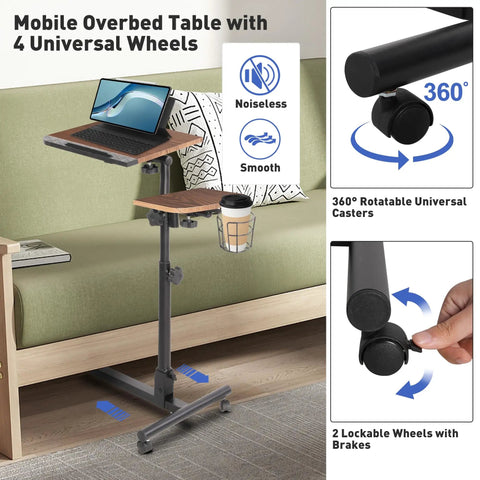 Super Chill Rolling Laptop Desk With Height Adjustable Dual Shelves And On Board Cup Holder Hella Flexible Bedside Table with wheels and cup holder.