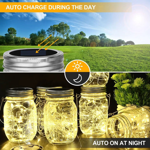 Solar-powered mason jar lights charging in sunlight, glowing warmly at night with realistic flicker for home, party, events.