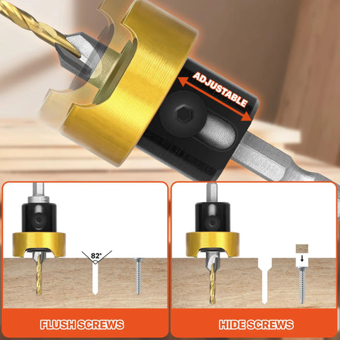 Rock Solid Carbide Tipped Countersink Drill Bit With 1/8 Inch Point And 3/8 Inch Chamfer Angle showing adjustable design for flush and hidden screws.